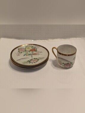 ​​Vintage Japanese Hand-Painted Demitasse Cup & Saucer Set